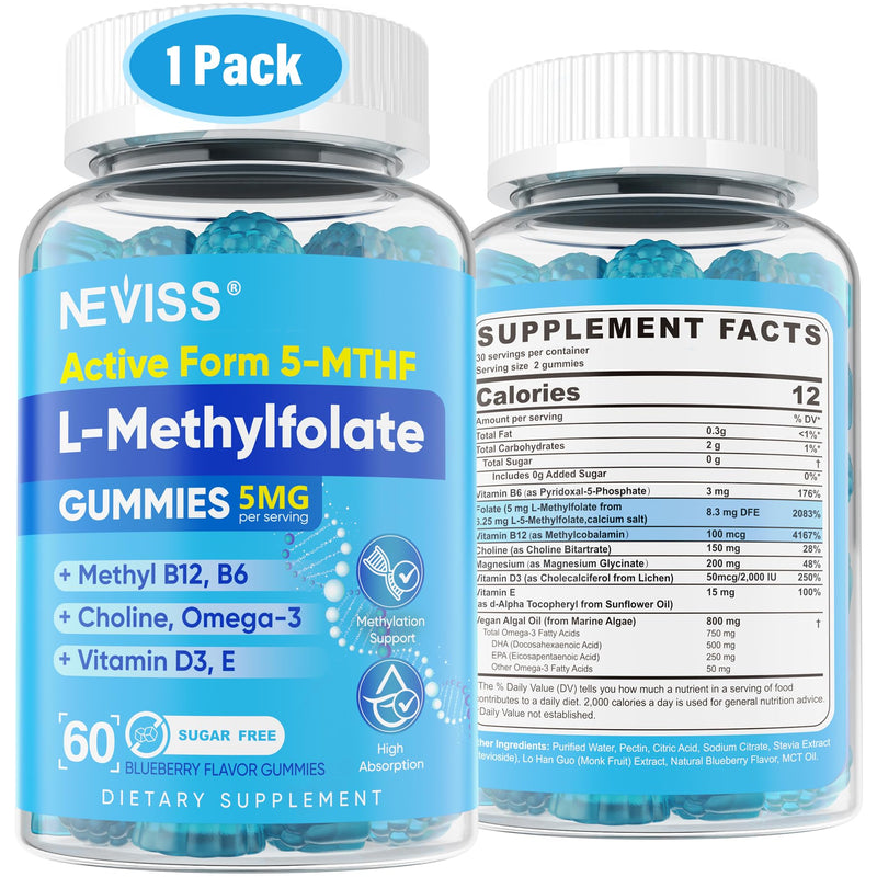NEVISS L Methylfolate 5mg Gummies & Methyl B12 B6, Active 5-MTHF Form, 60Ct | Methyl Folate with Methyl B Complex, Choline, Omega-3, Magesium for Focus, Energy, Mood, Fetal Development, Vegan, Sugar Free 60 Count (Pack of 1)