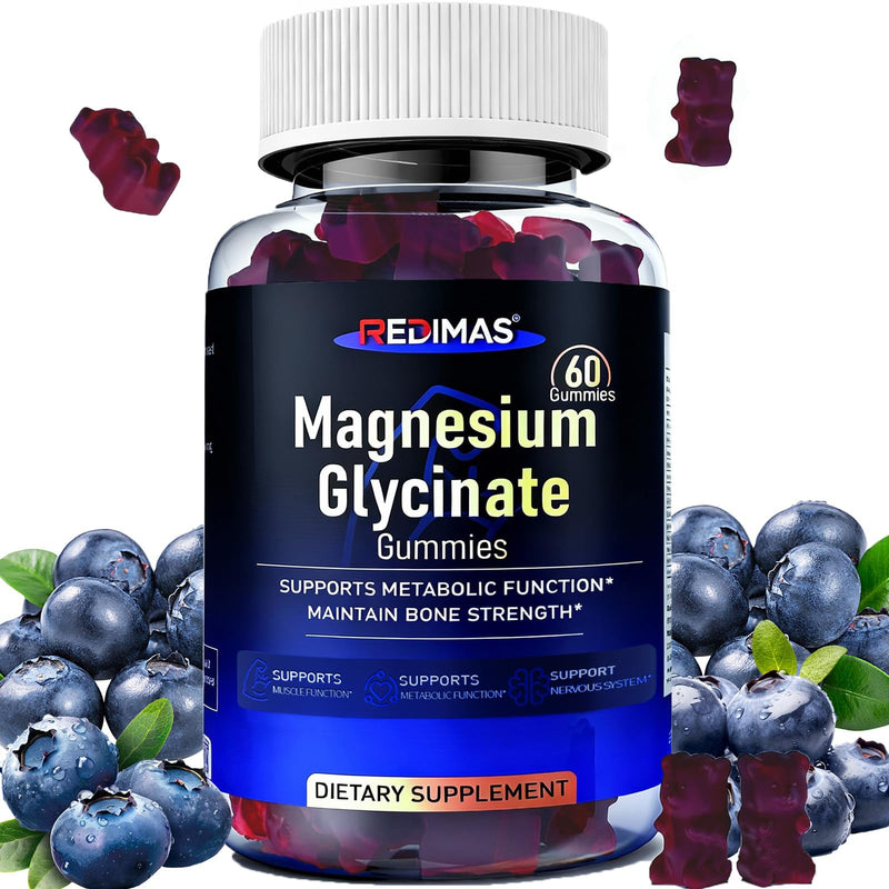 Magnesium Glycinate Gummies 400mg, Vegan Blueberry Flavor, 60 Count | Chewable Magnesium Supplement with Vitamin B6、D3 & E, Sleep & Relaxation Support, Convenient Gummy Format for Adults