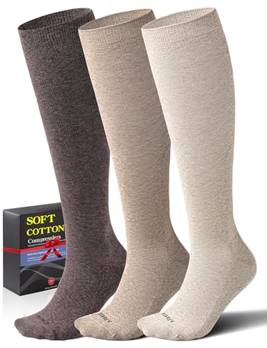 Soft Cotton Compression Socks for Women & Men 20-30 mmHg - Knee High Support Socks with Thick Sole and Seamless Toe Medium-Large 3 Pairs - Natural Land