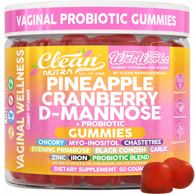 Wet Works Women's Vaginal Probiotic Gummies Pineapple Cranberry Folic Acid D-Mannose Vitamin C Chicory Myo Inositol Garlic Black Cohosh Zinc Iron Evening Primrose Chastetree 60 Count by Clean Nutra