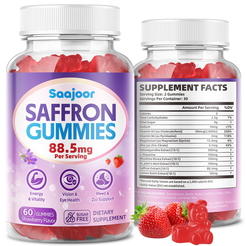 Saffron Gummies for Adult Kids - with Saffron 88.5mg, Vitamins D3 & B6, Magnesium, Zinc, Ashwagandha, L - Theanine, St. John's Wort - Supports Mood & Focus, Strawberry Flavor, 60 Count 1pack