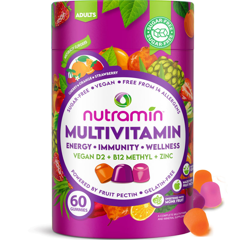 NUTRAMIN Daily Vegan Keto Multivitamin Gummies, Sugar-Free, 60 Count | Non-GMO Natural Vitamin C, D, Zinc for Immunity, Plant-Based, Nut-Free, Gluten-Free, Biotin, Vitamin A, B, B6, B12, 30-Day 60 Count (Pack of 1)