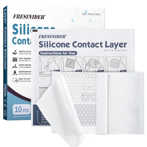 FRESINIDER Silicone Wound Contact Layer 4” x 3”, 10 Pack Non-Adherent Silicone Dressing for Gentle Removal, Protects Fragile & Sensitive Skin, Ideal for Surgical Wounds, Burns, Ulcers, Skin Tears