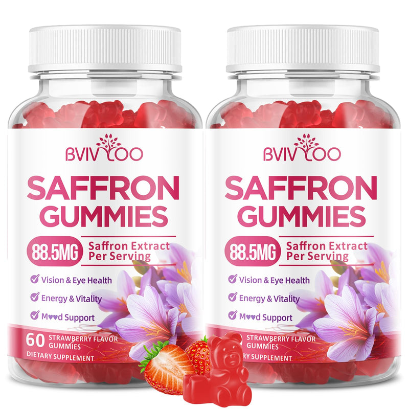 Saffron Gummies for Adult Kids, 10-IN-1 Formula with Saffron 88.5mg, Vitamins D3 & B6, Magnesium, Zinc, Ashwagandha, L-Theanine, St. John's Wort - Supports Mood & Focus, Strawberry Flavor, 60 Count 2pack