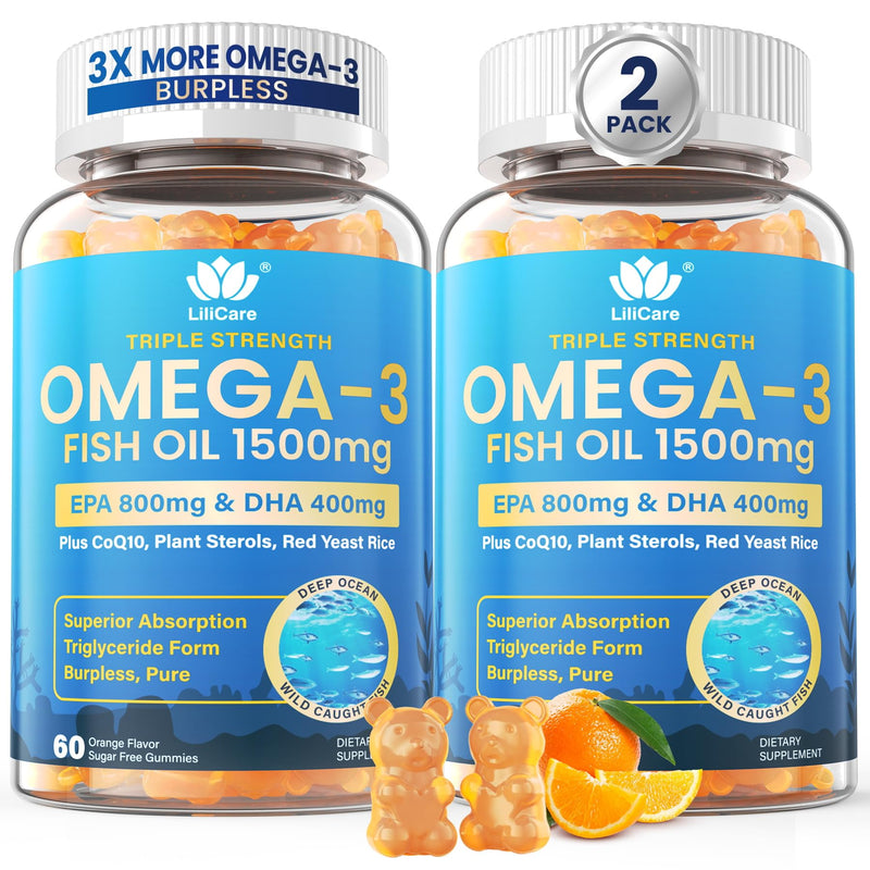 Fish Oil Omega 3 Gummies 1500mg for Adults, Triple Strength Omega-3 EPA DHA | Sugar Free Omega 3 Fatty Acid Supplements, 800mg EPA + 400mg DHA w/ CoQ10, Red Yeast Rice, Wild Caught, Burpless,120 Cts 60 Count (Pack of 2)