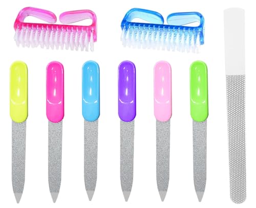Double Sided Nail File Set with 6 Reusable Shaping Files & 2 Cleaning Brushes, Essentials for Daily Nail Care, Shaping Shellac Gel Nails, Home Manicure Pedicure Kit for Women & Men