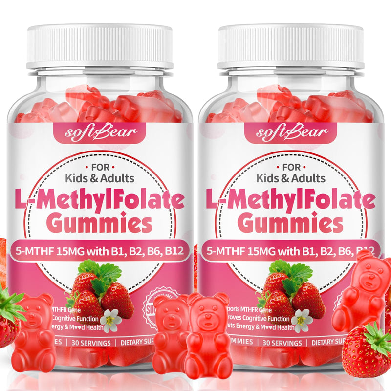softbear L-Methylfolate Gummies 15mg for Kids & Adults, Organic Methylfolate Supplement 5-MTHF Plus Methyl B12, B1, B2, B6 Support MTHFR Gene, Cognition Function, Strawberry Flavor 120 Count 60 Count (Pack of 2)