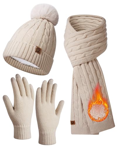 GADIEMKENSD Winter Beanie Scarf Gloves Set, Keeping Warmth, Cable Knit Design, Sensitive Touchscreen Fingertips Beige