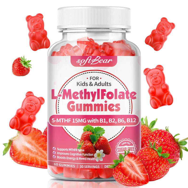 softbear L-Methylfolate 15mg Gummies for Kids & Adults, Organic Methylfolate Supplement 5-MTHF Plus Methyl B12, B1, B2, B6 Support MTHFR Gene, Cognition Function, Strawberry Flavor 60 Count 60 Count (Pack of 1)