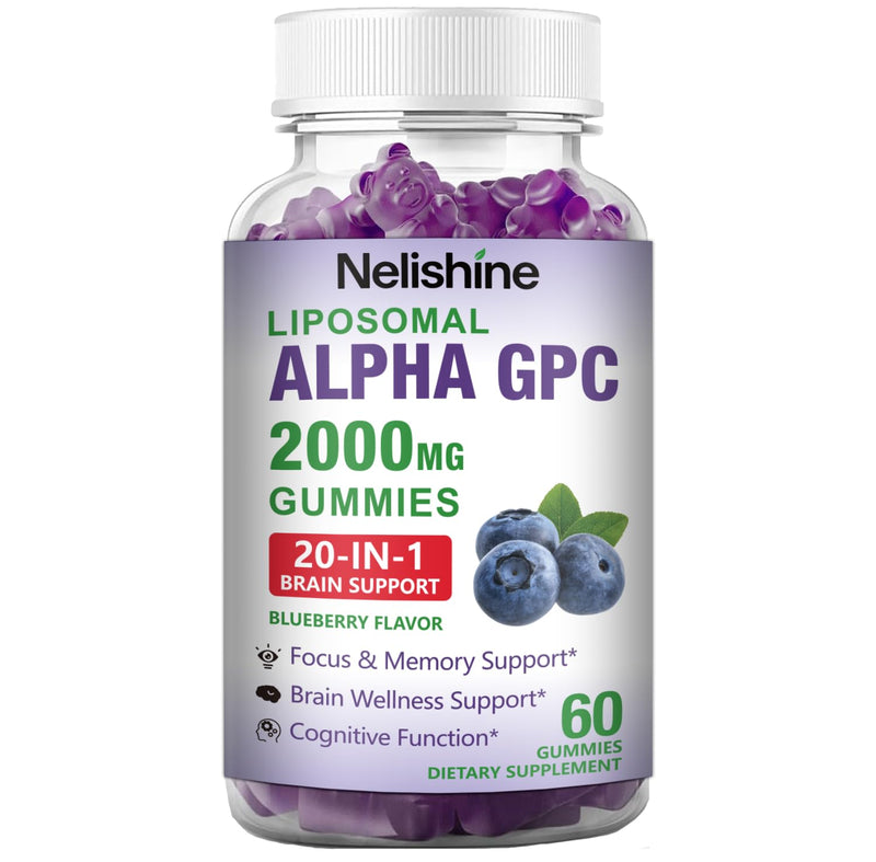 Liposomal Alpha GPC 2000mg & Citicoline Gummies Complex Phosphatidylserine,Ginkgo Biloba,L-Tyrosine,Huperzine A & B Vitamins,20-in-1 Blend for Focus, Memory & Cognitive Support 60 Count (Pack of 1)