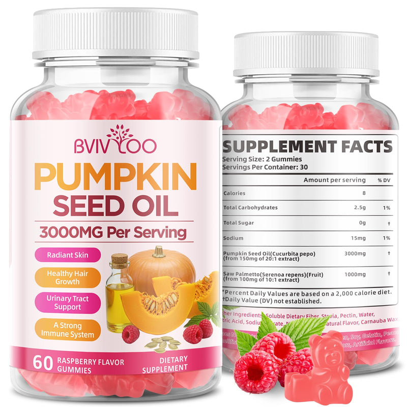 Pumpkin Seed Oil Gummies with Saw Palmetto, Organic Pumpkin Seed Oil Supplement, High-Purity Extract for Hair Growth, Skin Health, & Immune Support, Raspberry Flavor, 60 Count 1-pack