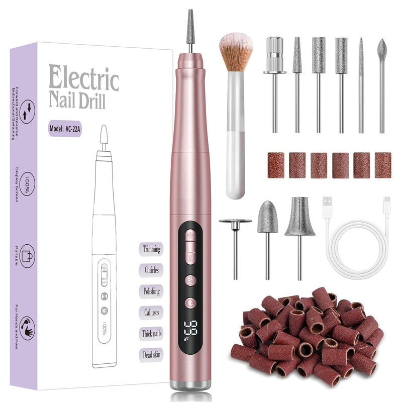 Cordless Nail Drill 35000RPM, Portable Electric Nail File for Acrylic Gel Nails, Professional Manicure Pedicure Kit, Rechargeable Pedicure Tools for feet with LCD Display, Low Noise Low Vibration Rose Gold - BeesActive Australia