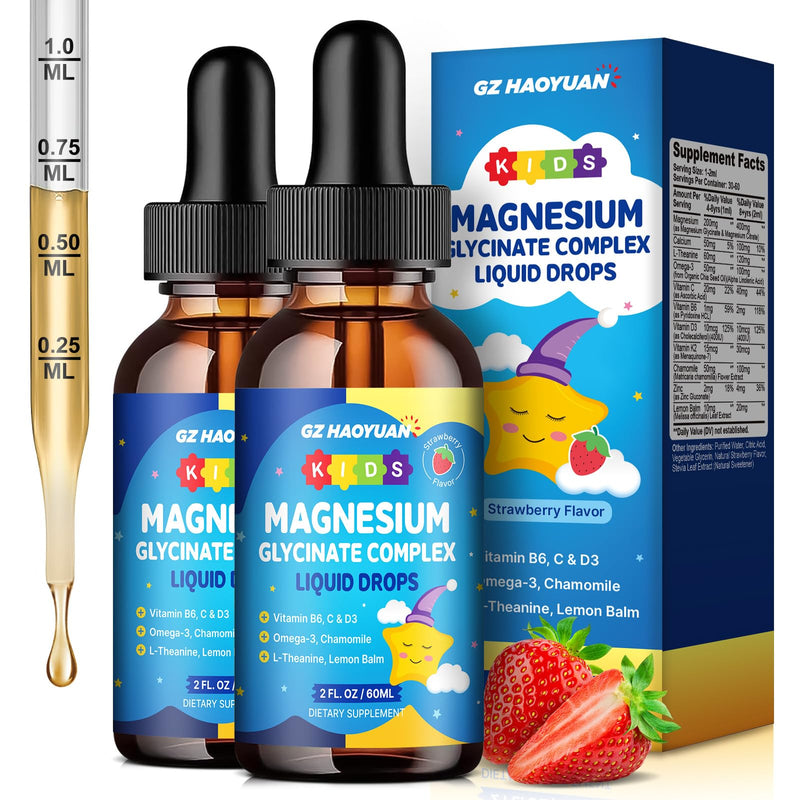Kids Magnesium Glycinate Liquid Drops‌ – with L-Theanine, Omega-3, Vitamins B6 & D3, Zinc & Calcium – for Sleep Support, Relaxation, Focus & Brain, Bones – Strawberry Flavor, 4 Fl Oz 2 Fl Oz (Pack of 2)