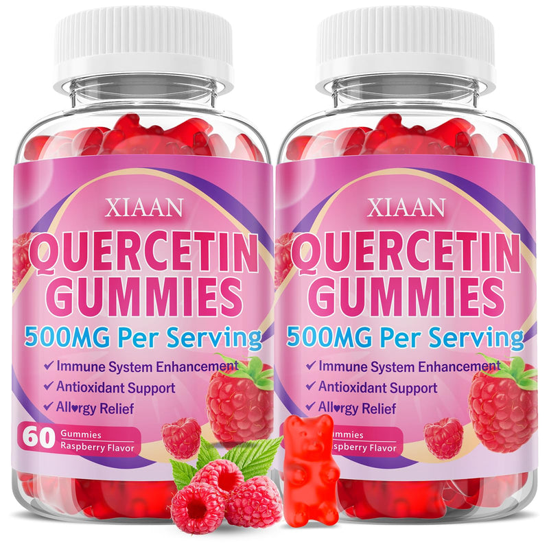 Quercetin Gummies 500mg for Kids & Adults, Organic Quercetin Supplements with Bromelain Zinc Vitamin C and D3 Support Antioxidant & Immune System Health, Raspberry Flavor 120 Count 60 Count (Pack of 2)