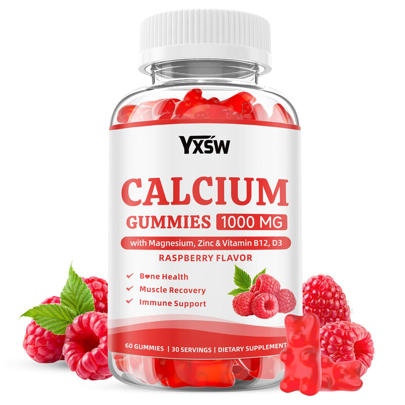 Calcium Gummies 1000mg with Vitamin D3 K2 & B12 Complex, High Absorption Potassium, Calcium Magnesium Zinc Supplement for Bone, Muscle, Mood and Immunity Support, Raspberry Flavor, 60 Count 60 Count (Pack of 1)