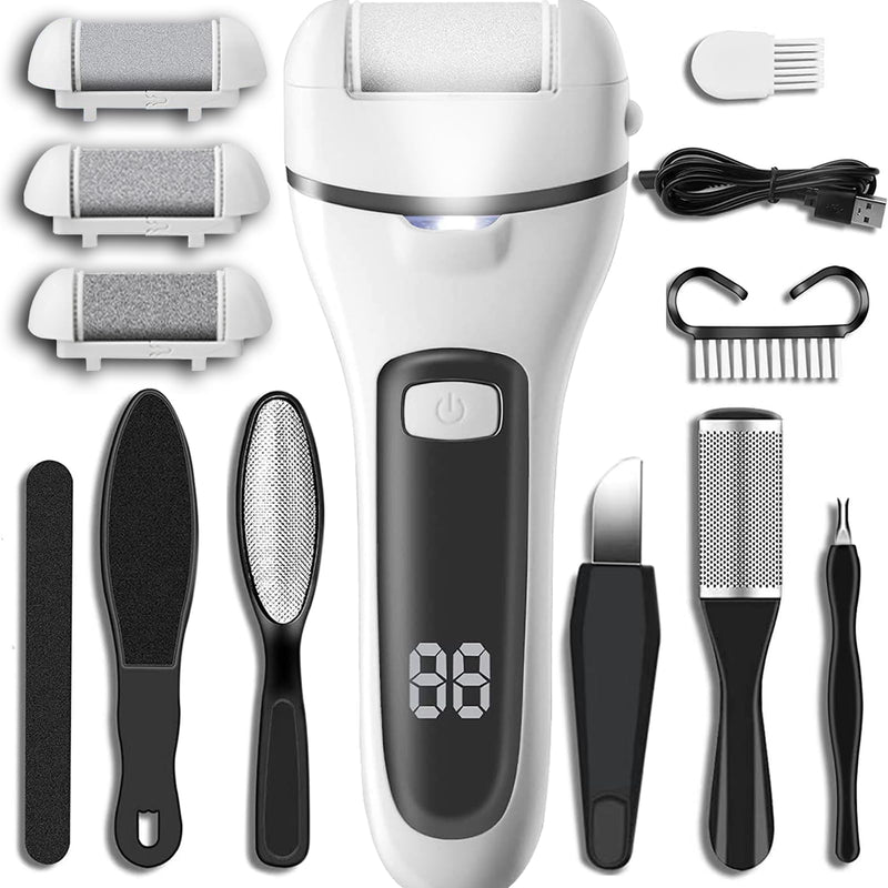 Callus Remover for Feet Electric Foot File, 13-in-1 Professional Pedicure Tools Foot Care Kit, Foot Scrubber Pedi for Hard Cracked Dry Dead Skin, 3 Rollers, 2 Speed, Battery Display (White&Grey) White&grey - BeesActive Australia
