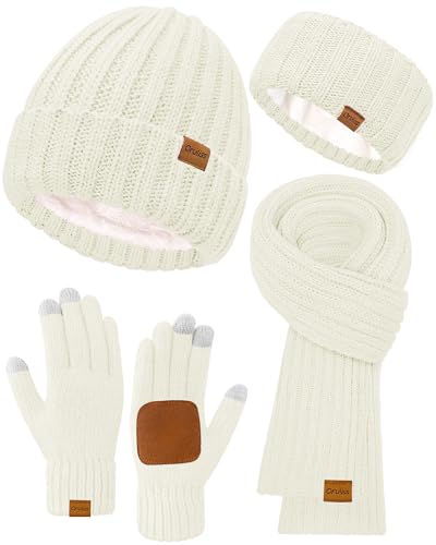 Women Winter Beanie Hat Scarf Gloves Headband Set, Fleece Lined Hat Ear Warmer Knit Long Scarf Touchscreen Gloves 4 Gift Set One Size White