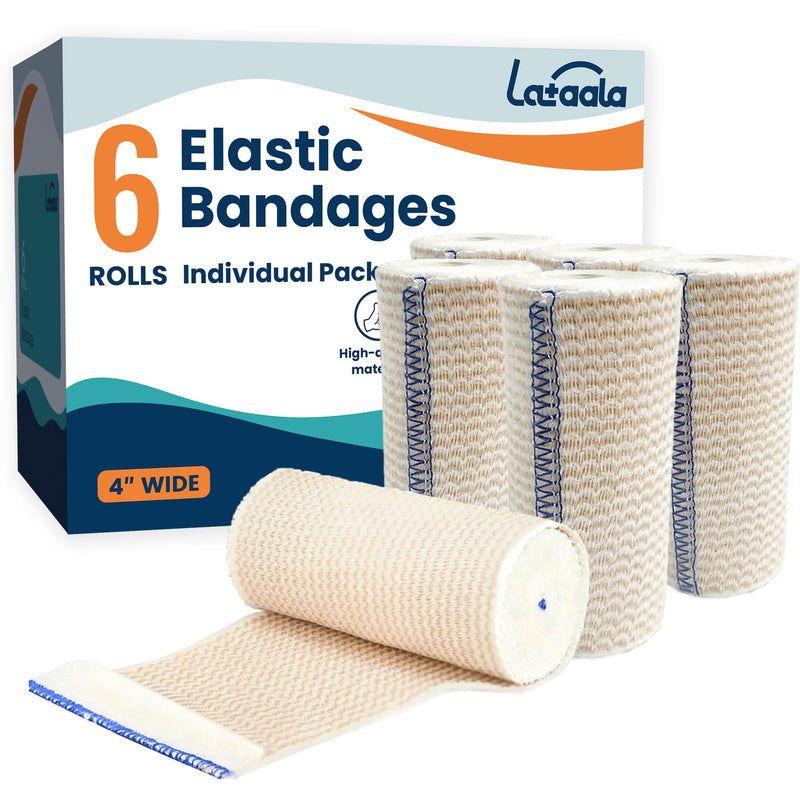 Premium Elastic Bandage Wrap,4"×6 Pack Compression Bandage for Legs, Ankle, Knee,Foot,Body,Support & First Aid for Sports,Latex-Free,Reusable Wrap for Sports, Medical, and Injury Recovery 6 Pack X 4 Inches