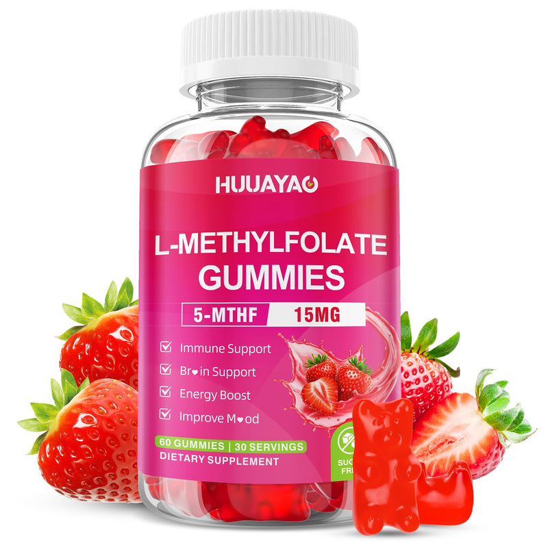 L-Methylfolate 15 mg Gummies, Methylfolate Supplement, Folate 5-MTHF Supplement for Support Mood, Brain Health, Immune System, Sugar Free, Strawberry Flavor, 60 Count 60 Count (Pack of 1)