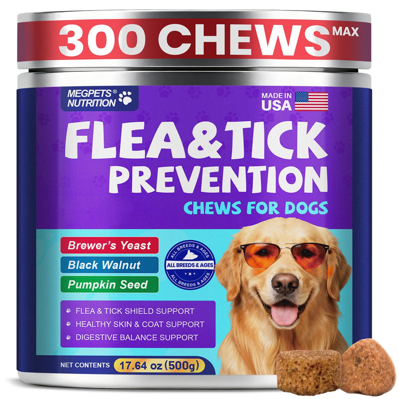 Flea and Tick Support for Dogs Chewable, 300 Soft Chews, Skin & Coat Support, Digestive Support, Chicken Flavor, All Breeds & Sizes 300 Counts