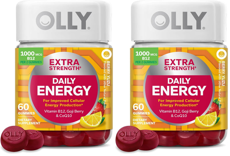 OLLY Extra Strength Daily Energy Gummy,Caffeine Free,1000mcg Vitamin B12,CoQ10,Goji Berry,Adult Chewable Supplement,Berry Yuzu Flavor -,60 Count (Pack of 2) 60 Count (Pack of 2)