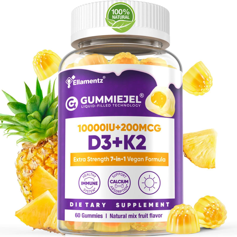 Vitamin D3 K2 Gummies for Women & Men, 10000 IU D3 Supplement | Vegan Vitamin D with Magnesium, Zinc, Calcium, Boron & Ginger Extract, Supports Energy, Immunity, Bone, Muscle Health