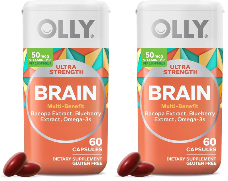 OLLY Ultra Strength Brain Softgels, Nootropic, Supports Healthy Brain Function, Memory, Focus and Concentration, Omega-3s, Vitamins B6 and B12, 30 Day Supply - 60 Count (Pack of 2) 60 Count (Pack of 2)