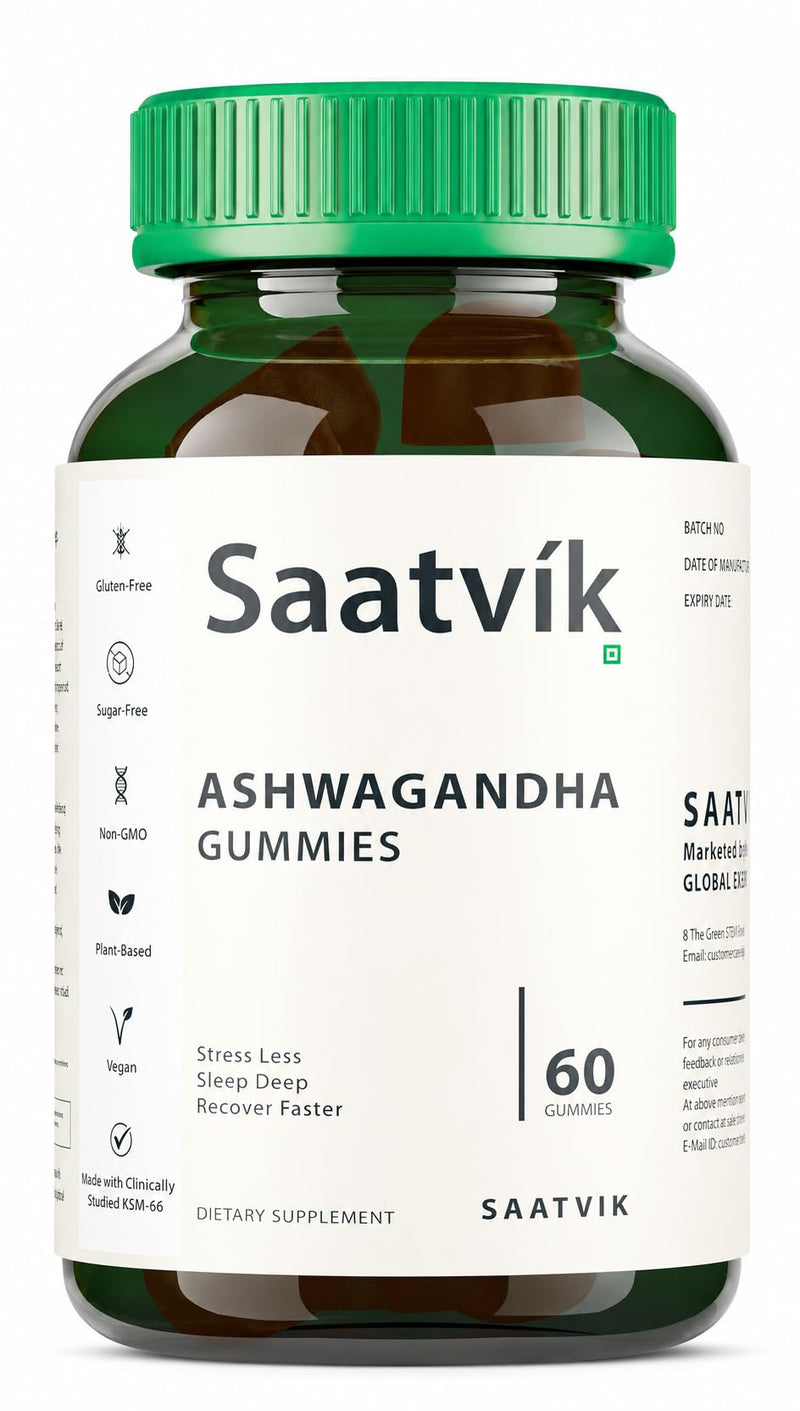 Saatvik Zero Sugar Ashwagandha & Vitamin D Gummy - 60 Count - Mixed Berry, KSM-66, Vegan, Plant Based, Non-GMO, Gluten-Free & Gelatin Free Relax. Restore. Unwind, Pack of 1