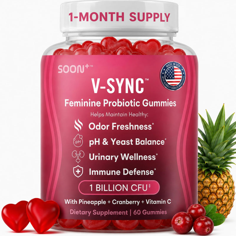 SOON+ Feminine Balance Gummies for Women, V-Sync Pineapple Probiotics | For pH Balance Support, Vaginal, Urinary, Immune, Digestive Wellness with Bacillus Coagulans, Cranberry, VitaminC, 60 Gummies