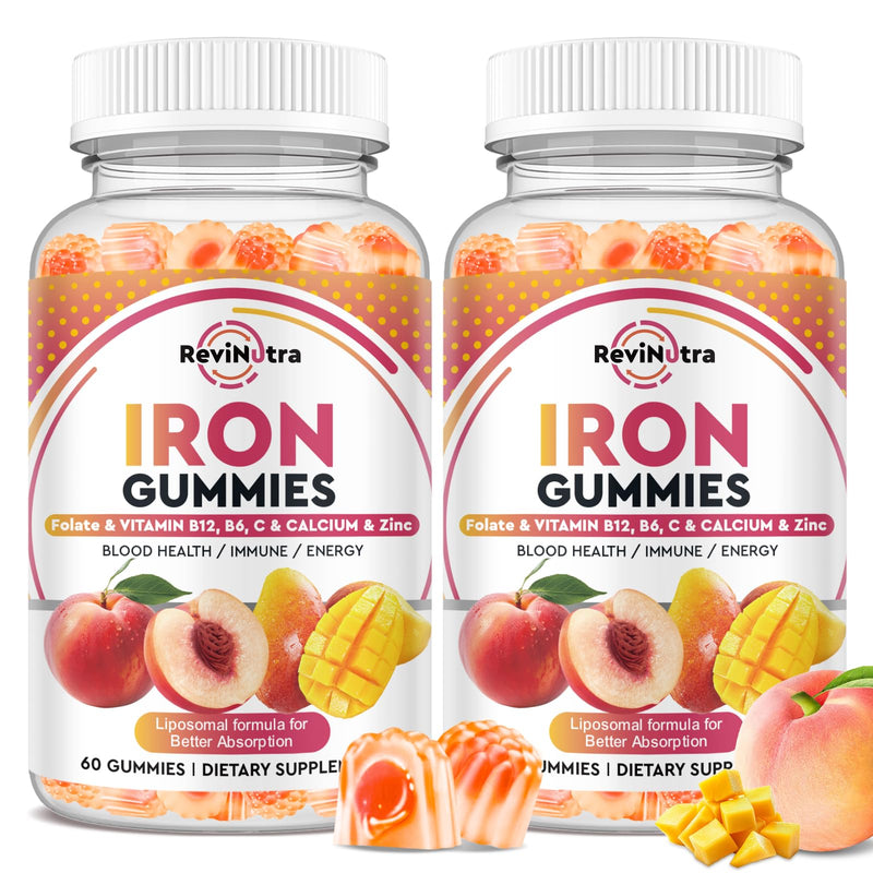 Iron Supplement Gummies for Adults & Kids - with Calcium, Zinc, Folate & Multivitamin - Blood Builder & Energy Support & Immune Health for Iron Deficiency, Anemia, Vegan -Peach & Mango Flavor,120ct Peach & Mango 60 Count (Pack of 2)