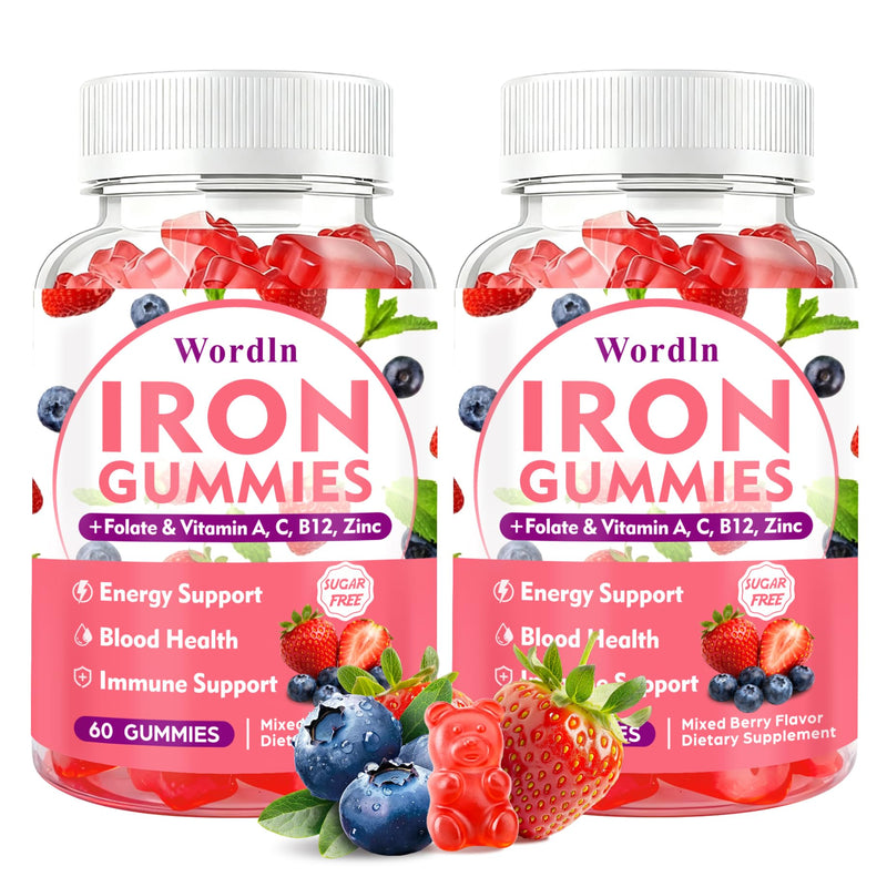 Iron Gummies for Women, Men & Kids for Energy Support & Immune Health | Vegan Iron Supplement Gummies with Vitamin C, B12, Folate, Sugar Free, 60 Gummies (Pack of 2) 120 Count (Pack of 1)