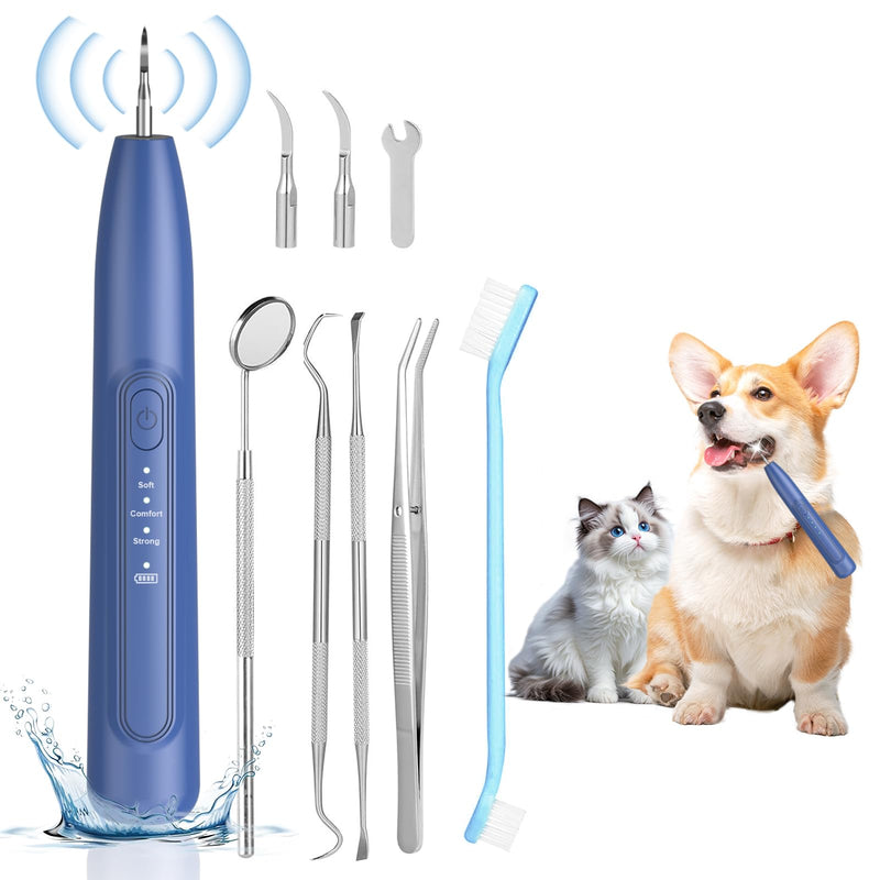 Ultrasonic Dog Teeth Cleaner, 3 Modes Sonic Tooth Cleaner for Dogs, Low Noise Sonic Dog Plaque and Tartar Remover with LED Light, 2 Cleaning Head, Toothbrush, Dental Mirror Probe Tweezer and Scraper Blue