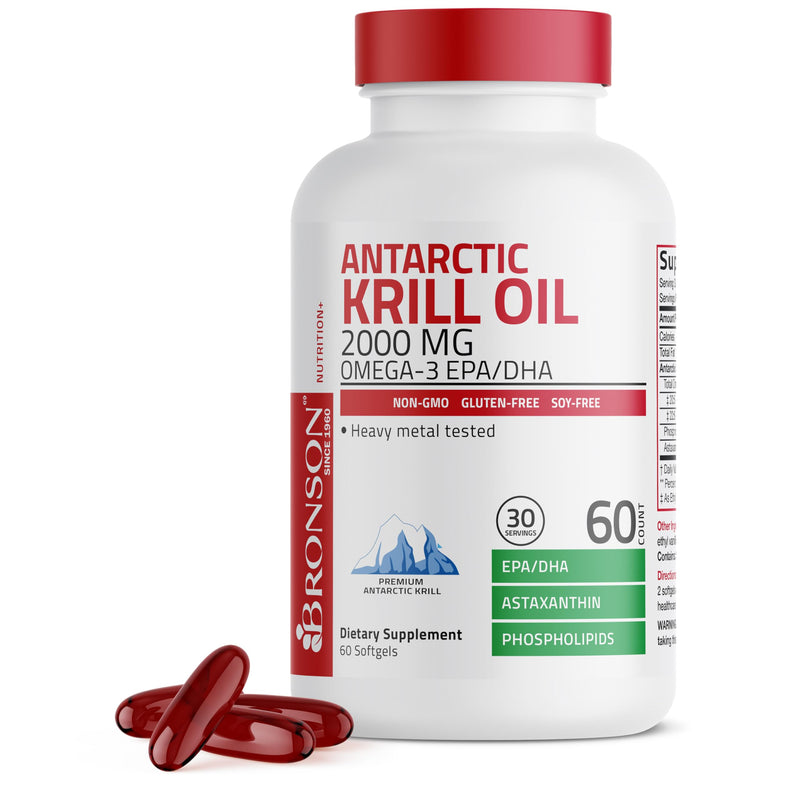 Bronson Antarctic Krill Oil 2000 mg with Omega-3s, 60 Softgels | Heavy Metal Tested, with EPA, DHA, Astaxanthin and Phospholipids, Non-GMO, Gluten Free, Soy Free 60 Count (Pack of 1)