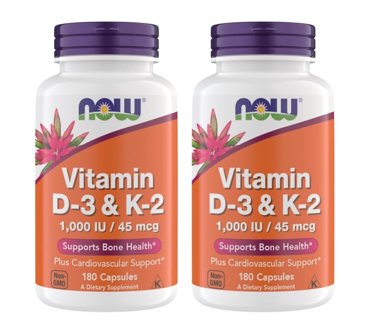 Now Supplements Vitamin D3 K2, 1,000 IU/45 mcg, Cardiovascular Support, Supports Bone Health, 180 Vegetarian Capsules - Vegan, Gluten Free, Kosher Vitamin D3 and K2 Supplements (2) 180 Count (Pack of 2)