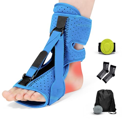 Upgrade Plantar Fasciitis Night Splint and Brace,plantar fasciitis relief with Soft Memory Foam Pad,achilles tendonitis brace for Women & Men,with Massage Ball for Tension Relief,Arch Pain, Heel Spur, Foot-drop and Achilles Tendonitis (Blue) Blue
