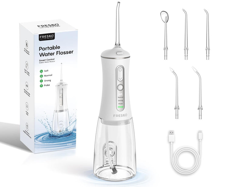 FRESKO Water Dental Flosser for Teeth, 300ML Flosser with Constant Pressure, Rechargeable Oral Irrigator Cleaner for Travel with 5 Jet Tips, IPX7 Waterproof White