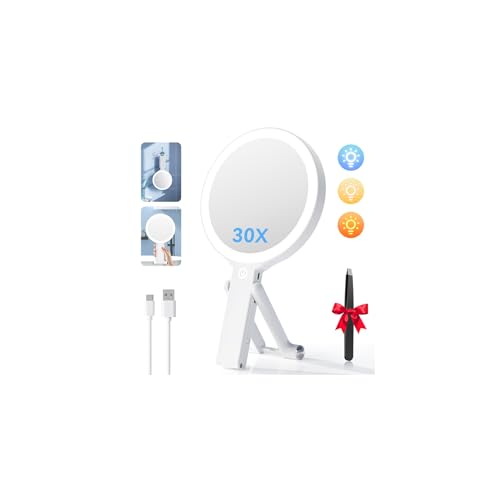 Auxmir 30X/1X Magnifying Travel Makeup Mirror with Lights, 3-Color Dimmable White