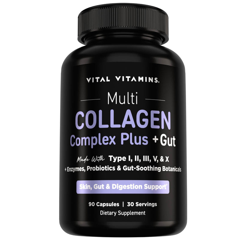 Vital Vitamins Multi Collagen Complex Plus + Gut, Probiotics & Enzymes | 5 Collagen Types I, II, III, V & X with Digestive Enzyme Blend, 3 Billion CFU Probiotic & Gut Botanicals, 90 Capsules 90 Count (Pack of 1)