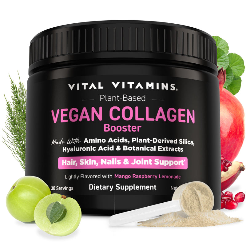 Vital Vitamins Vegan Collagen Booster Powder with Amino Acids & Vitamin C | Mango Raspberry Lemonade Flavor, Plant-Powered Collagen Support with Biotin & Hyaluronic Acid, 30 Servings 1