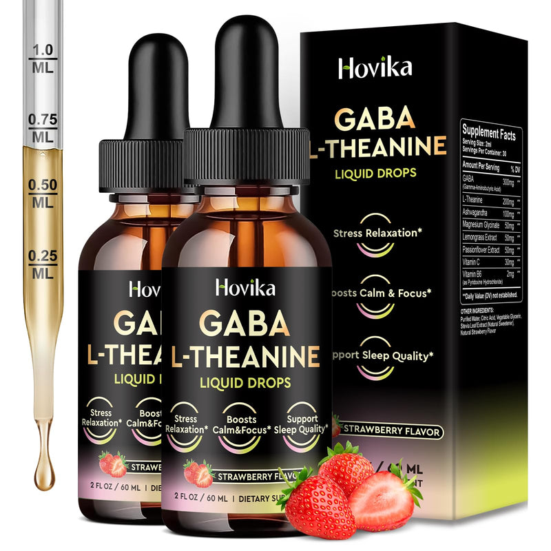2 Pack GABA L-Theanine Drops - Liquid GABA L-Theanine Supplement with Ashwagandha, Magnesium Glycinate, Vitamin C, B6 - Support Sleep, Relaxation, Calm Mood & Focus - Strawberry Flavor 2 Fl Oz (Pack of 2)