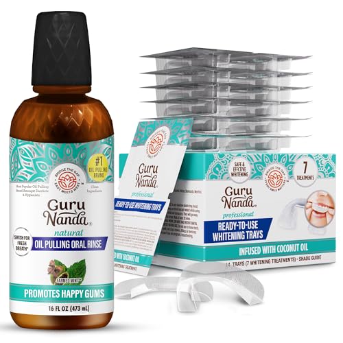GuruNanda Complete Whitening Kit – 7-Day Whitening Trays + CocoMint Oil Pulling 16 Oz for Enhanced Oral Care, for Deep Clean, Fresh Breath & Brighter Teeth
