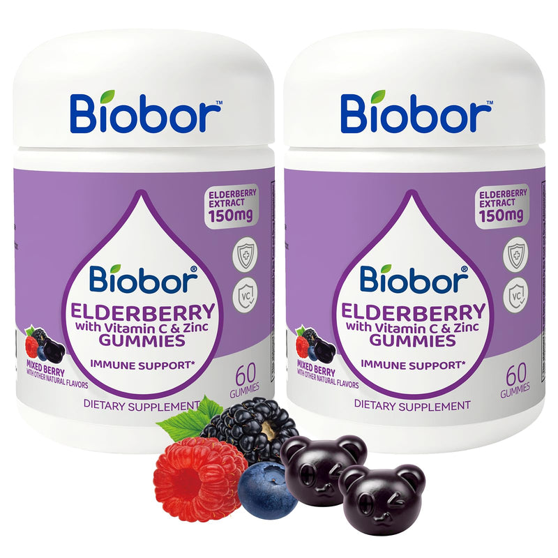 Biobor Elderberry Gummies with Vitamin C & Zinc, 150mg Elderberry, 120 Ct | 150mg Elderberry Extract, Daily Wellness Support Gummies, Vegan-Friendly, Non-GMO, Gluten Free, Mixed Berry Flavor Natural Berries 60 Count (Pack of 2)