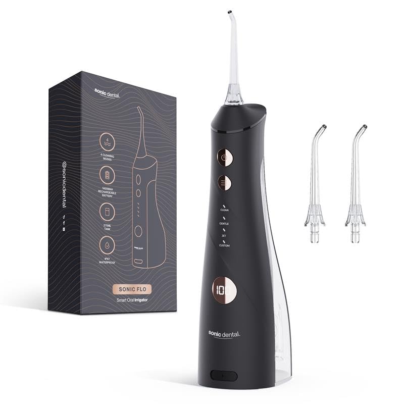 Sonic Flo Cordless Water Flosser for Teeth, Gums, Braces, Dental Care — IPX7 Waterproof, 270ml Detachable Tank, Smart Display, 40-Day Battery, 4 Modes, USB Rechargeable (Onyx Black) Onyx Black