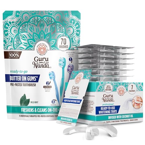 GuruNanda Bright Smile Travel Bundle – Prefilled Whitening Trays (7 Treatments) & 70ct Ready-to-Go Disposable Toothbrushes for a Whiter, Cleaner Smile Anytime, Anywhere