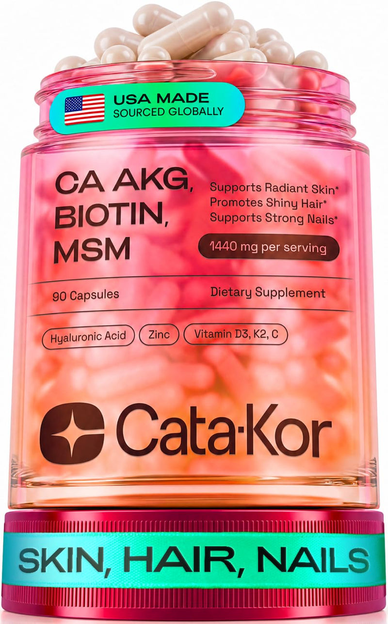 Cata-Kor Hair Skin and Nails Vitamins for Women – Biotin Hair Supplement | Hyaluronic Acid | Calcium AKG | MSM | Vitamin D3 K2 & C – Hair Growth Vitamins – 30 Day Supply (1 Pack) 90 Count (Pack of 1)