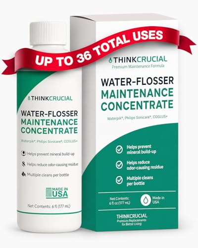 Up to 36 Cleans Think Crucial Water Flosser Cleaner & Descaler Rinse 6oz Super Concentrate - Compatible with All Waterpik Models (WP-660/662, WP-580, WP-560, WP-100) & Philips Sonicare 3000 & More