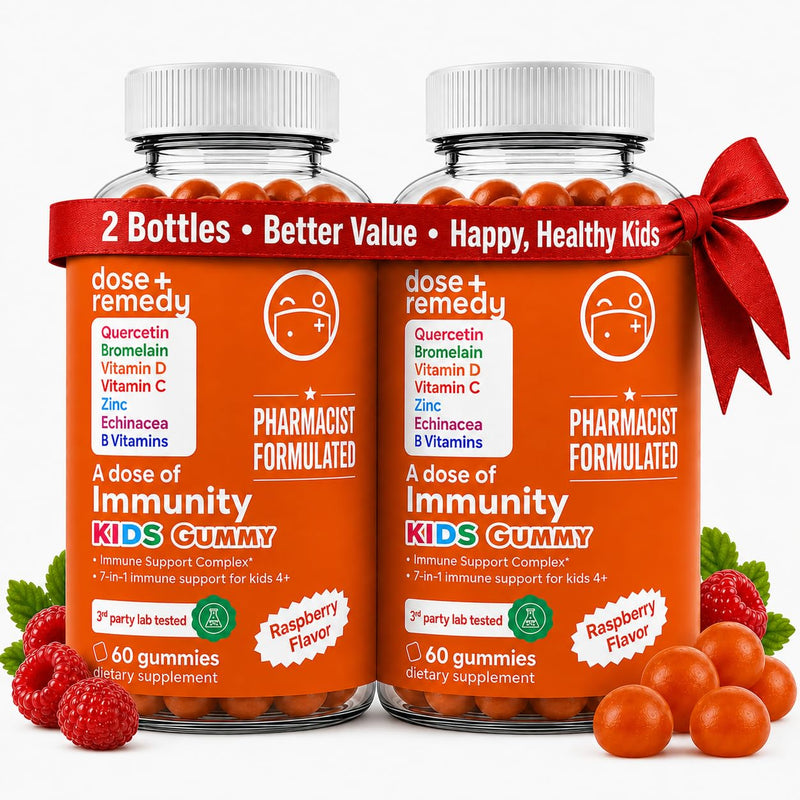 A Dose of Immunity Kids Immune Support Gummies, Quercetin & Zinc 120 Count | 7-in-1 Immune Support for Kids 4+: Quercetin, Bromelain, Vitamin C, D3, Zinc, Echinacea & B Vitamins Vegan Raspberry Gummy 2 Pack Kids (120 Count)