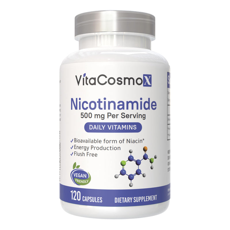 Nicotinamide 500mg Vitamin B3, 120 Capsules - Non-GMO, Gluten Free, Flush Free 1