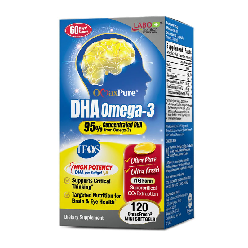 LABO Nutrition OmaxPure DHA Omega 3 rTG IFOS Fish Oil - Brain & Eye Support | 120 mini softgels, IFOS certified rTG omega 3, rich in DHA & EPA, prenatal brain & eye support, 120 60 days' supply