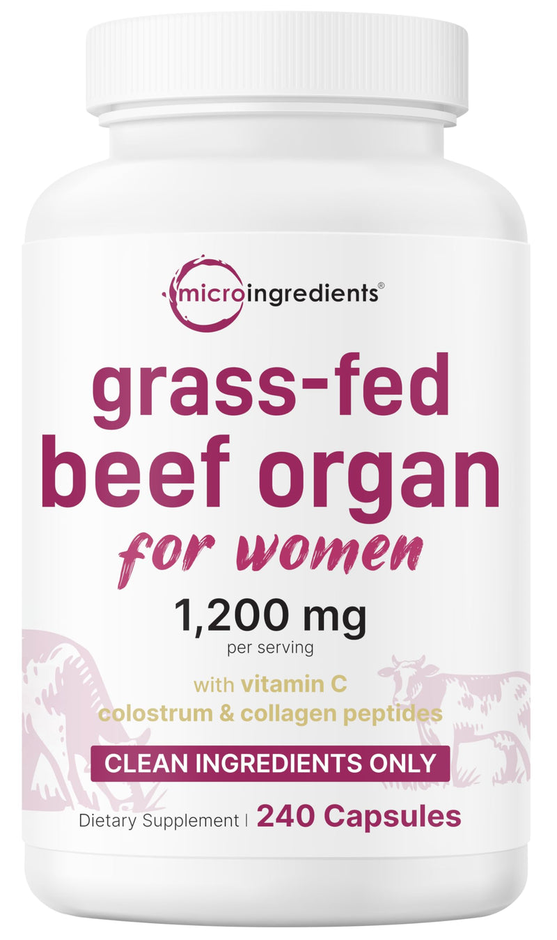 Micro Ingredients Grass‑Fed Beef Organ Supplement for Women – Bovine Beef Liver, Kidney, Heart & Uterus Tissue – 1,200 mg Organ Blend Plus Vitamin C, Colostrum & Collagen – 240 Capsules, No Fillers